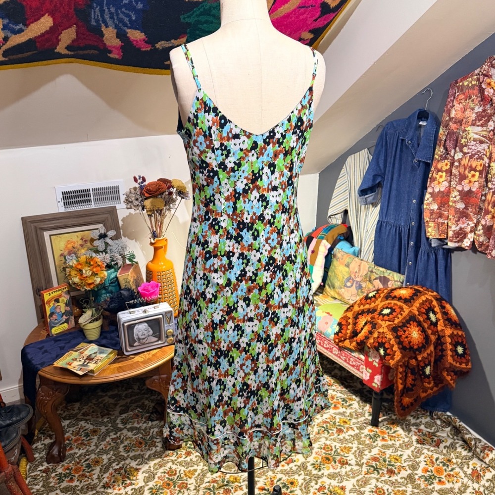 vintage Y2K 90s Floral Slip Dress XL Blue Green Rayon Ruffle Hem Made in USA - Picture 5 of 10